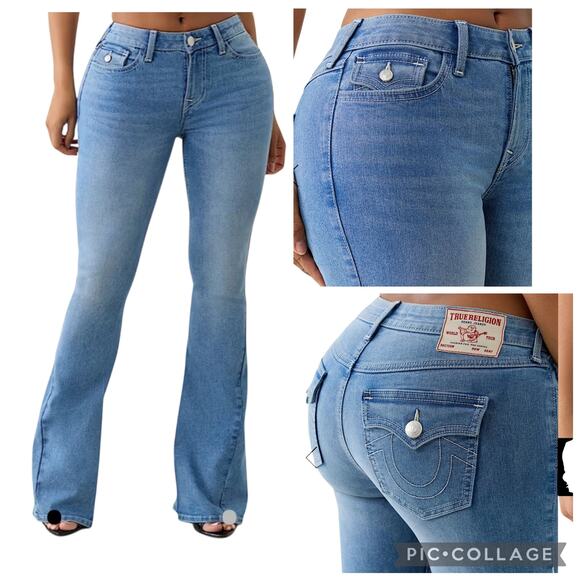 True Religion Joey Mid Rise Flap Pockets Flare Jeans Light Idyllic Wash Size 28 - Picture 1 of 10